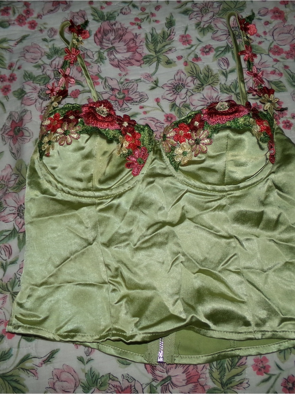 Princess Polly Olive Green Satin Camisole with Red & Pink Floral Embroidery